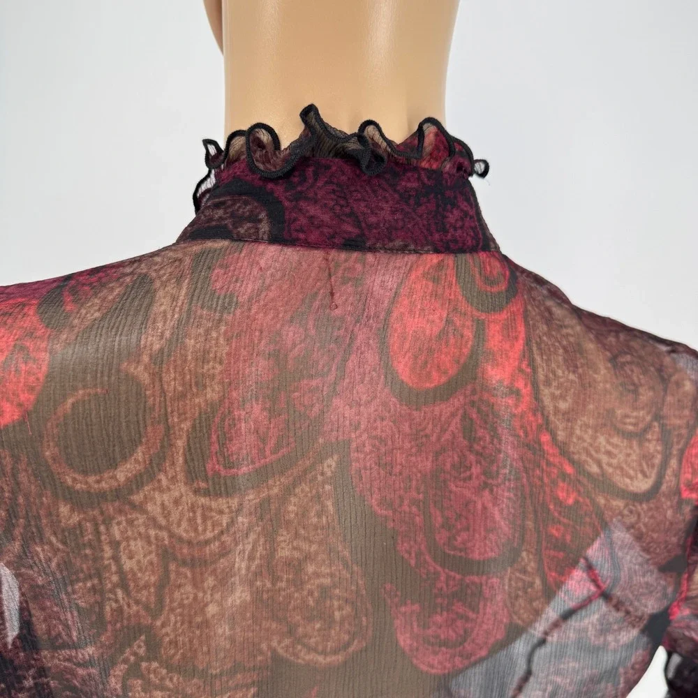Tahari Women's Sz M Silk Sheer Ruffle Blouse Burgundy Black Victorian Gothic - Picture 16 of 16